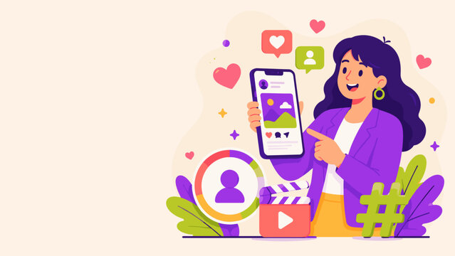 Woman smiles while holding phone with social media icons. She points at screen showing image with hearts and likes. Surrounding symbols suggest sharing, creativity, and engagement