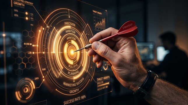Hand aiming dart at glowing digital bullseye interface symbolizing business strategy success, precision marketing and growth planning