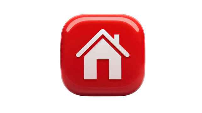 Glossy red 3D house icon symbol with rounded corners real estate home button isolated on White background
