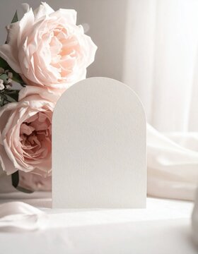 Arch shaped blank paper card display with soft pink garden roses, elegant wedding invitation mockup, feminine stationery, floral background