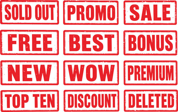Rectangular red stamp collection with various promotional text labels