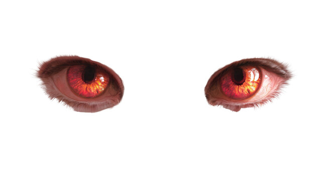 Close up of glowing red demon eyes with fiery orange iris and dark eyelashes scary Halloween horror concept isolated on White background
