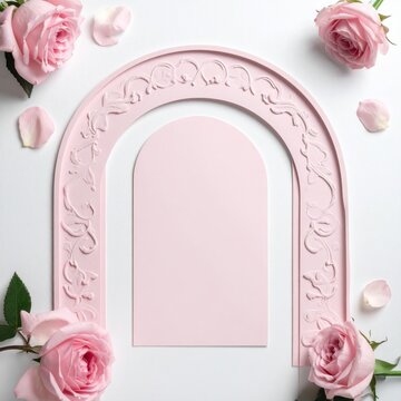 Pastel pink arch frame decorated with blooming rose flowers and petals, elegant wedding invitation mockup, feminine floral background for greeting cards