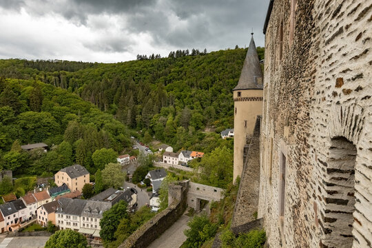 Aerial view of the Vianden town from the castel wall in Luxembourg