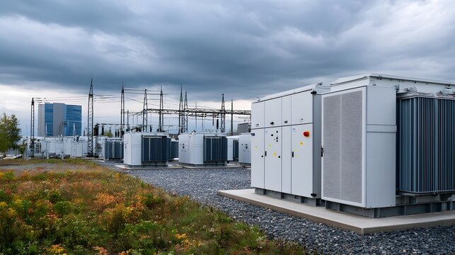 Modern electrical substation with large transformers and power lines under a cloudy sky  surrounded by gravel and vegetation