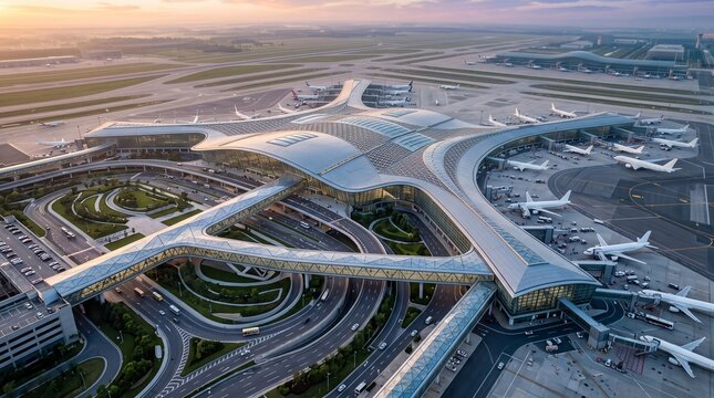 High-angle aerial view of a massive modern airport terminal with parked airplanes, runways, and curved roadways at sunset
