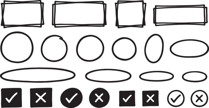Hand drawn rectangles circles and checkmark cross symbols on a white background