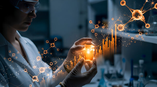 Scientist analyzing vaccine vial with digital molecular data and growth charts in lab Generative AI
