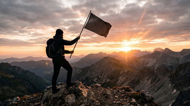 Silhouette of a person raising a small plain flag on a summit