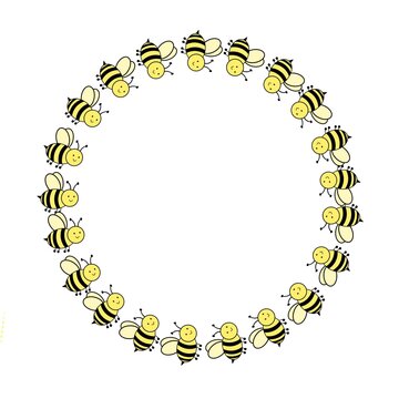 Cute smiling bee circle frame isolated on white background, ideal for labels, invitations, stickers, packaging and kids designs.