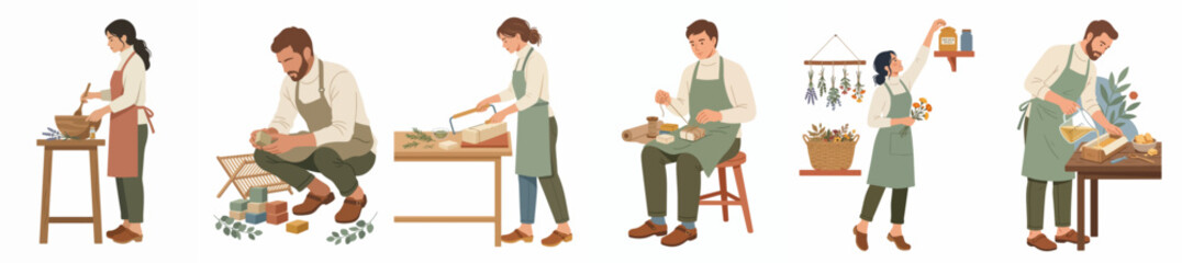 Fototapeta premium Collection of Flat Vector Illustrations Featuring Artisans and Crafters Engaged in Various Handmade DIY Activities Like Soap Making and Woodworking