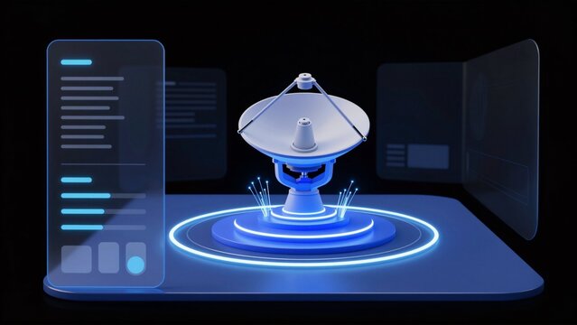 rendering satellite dish circular platform blue light around satellite dish white has dome shaped antenna top placed blue base circular ring around several small antennas attached side platform tall