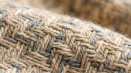 Obraz premium Close-up of textured woven fabric with beige and grey threads