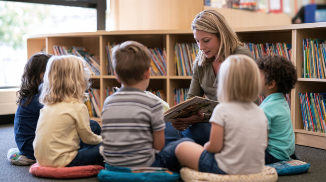 Teacher reading a picture book to a diverse group of children during storytime in a classroom library