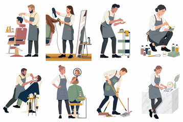 Obraz premium Flat vector illustration set of professional hairdressers and barbers performing various salon tasks such as haircutting, styling, shaving, and coloring on white background.