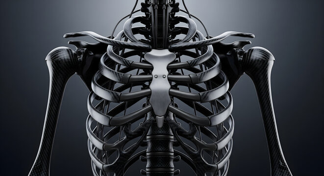 A detailed 3D illustration of a human skeletal system focusing on the ribcage and shoulders.