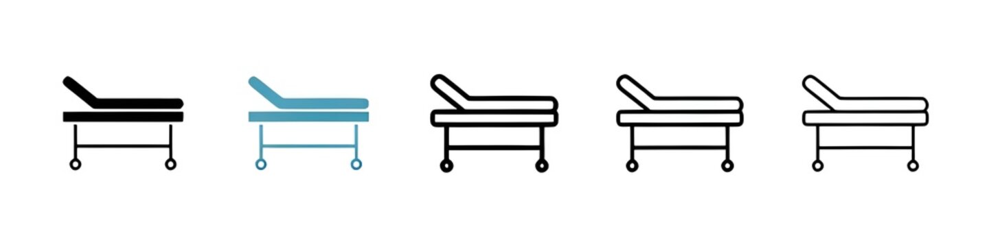 Hospital bed icons pack in black and blue. Thin line customizable illustration. Contour symbol. Vector isolated outline drawing. Editable stroke