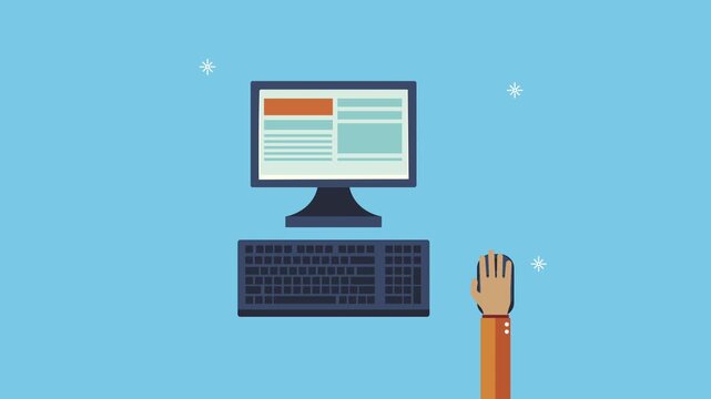 Computer and keyboard on blue background with animated hand using mouse, technology concept.