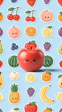 Cute Glossy Apple and Fruit Seamless Pattern with Colorful Sticker Icons
