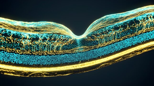 Cross section 3D illustration of human retina and fovea centralis showing retinal layers
