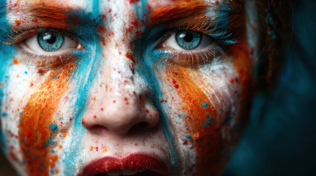 A striking close-up of a person with their face painted in vivid colors, conveying deep emotion and artistic expression in a visually arresting manner.