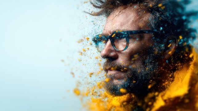 An artistic representation of a man surrounded by a vibrant explosion of colors, depicting emotional intensity and creativity in an abstract style full of energy and motion.