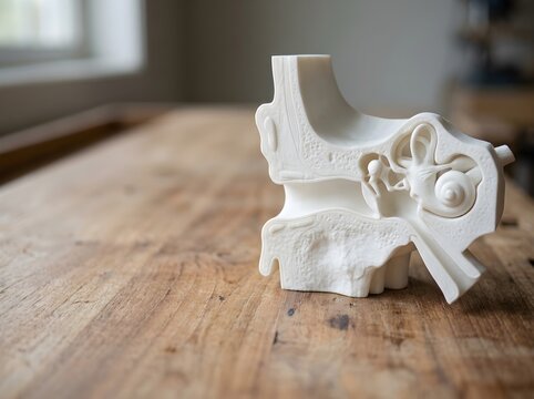 White 3D printed model of human temporal bone and inner ear anatomy on wooden desk
