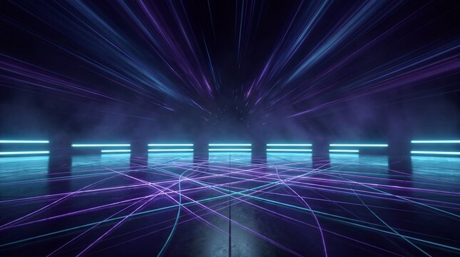 Futuristic neon light beams and laser rays forming a virtual tunnel with glowing lines with futuristic abstract displays glowing perspective technology background reflection