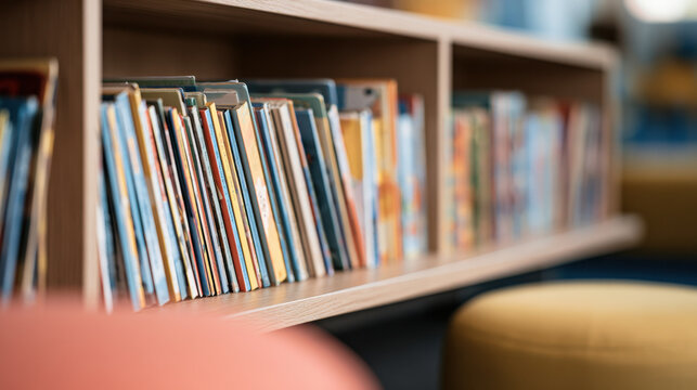 Colorful children's books arranged on a wooden shelf in a cozy classroom reading corner with soft seating and shallow depth of field