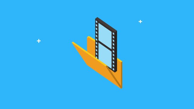 Isometric animated folder icon displaying different digital files like images video and music.