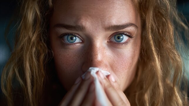 A close-up of a young woman with striking blue eyes has a distressed expression as she holds a tissue to her nose, revealing her emotional state during sickness.
