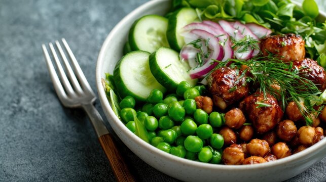 A vibrant salad bowl filled with fresh greens, cucumbers, and chickpeas, showcasing healthy eating, nourishment, and the delightful colors and textures of wholesome ingredients.