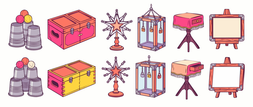 Magic prop vector illustration set featuring magician illusion equipment, cups and balls trick, magic chest, escape cage with padlocks, table, and easel isolated on white background for design.