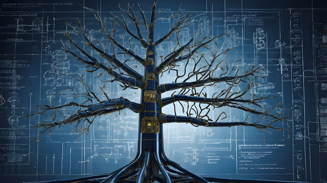 Digital tree graphic glowing over blueprint background representing technology and data connection concept