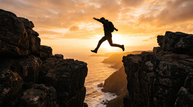 Silhouette of a person leaping between two rocks at sunset