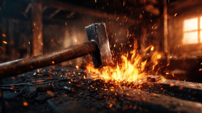A powerful hammer strikes glowing metal, sending sparks flying in a traditional workshop setting that evokes craftsmanship and dedication in metalwork and blacksmithing.
