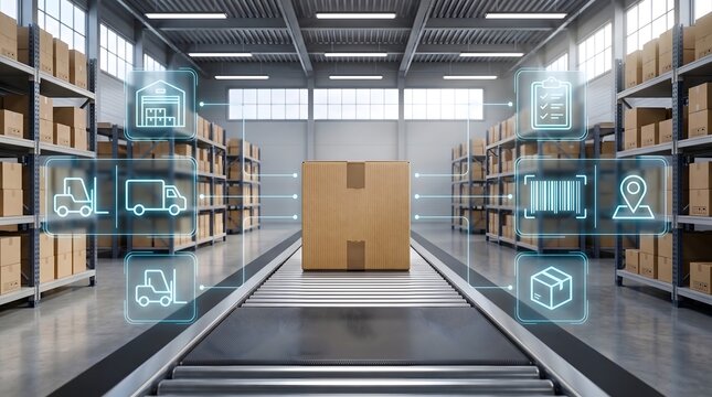 Integrated warehouse management system projecting digital logistics holograms over cardboard package on industrial conveyor belt