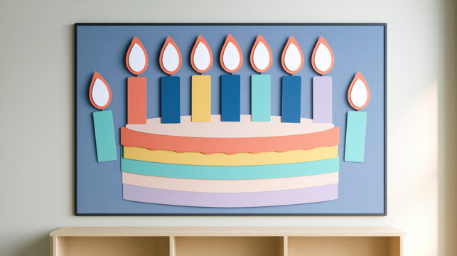 Pastel classroom birthday display featuring a layered paper cake and colorful candles on a blue board above a wooden cabinet in a minimalist school interior