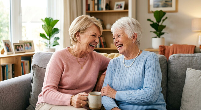 Happy Senior Female Friends Laughing Together on Sofa at Home