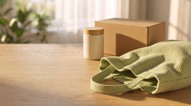 Reusable cloth bag with cardboard box and ceramic jar on a wooden table. Eco friendly sustainable packaging and shopping concept in sunlit room