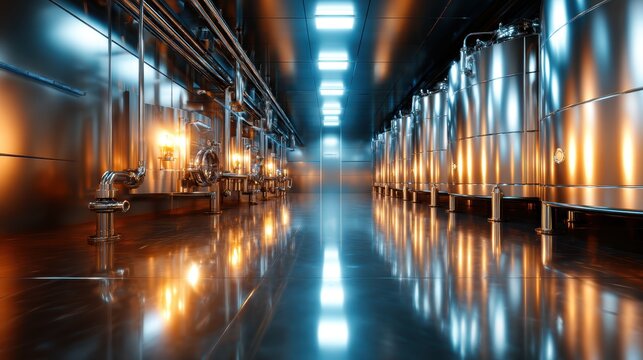 A sleek and modern industrial brewery setting filled with shining steel fermentation tanks, highlighting the craftsmanship and technology behind brewing fine beverages and craft beers.