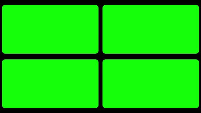 Transition elements for green four window frame grid animation on black transparent background. Split screen film frame matte animation. Split screen 2D motion graphics animation elements
