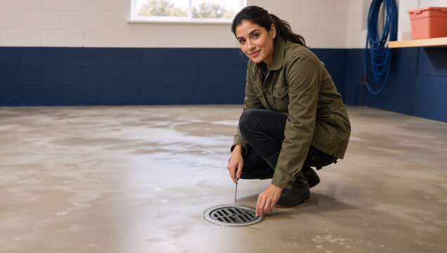 Smiling woman fixing a floor drain in a basement. Handywoman kneeling on concrete floor with a tool for home maintenance. Copy space