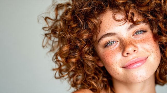 A playful girl with natural freckles and curly hair flashes a charming smile, bringing an aura of innocence and energy against a harmonious, soft background.