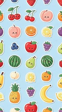 Cute Glossy Seamless Fruit Pattern with Colorful 2D Sticker Icons