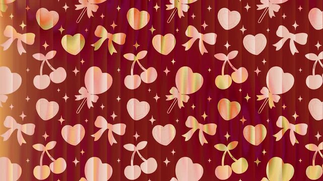 Whimsical heart and cherry pattern with motion gradient effect. Seamless cherry red holiday animated backdrop for promotion, campaign, cards, invitations, social media.