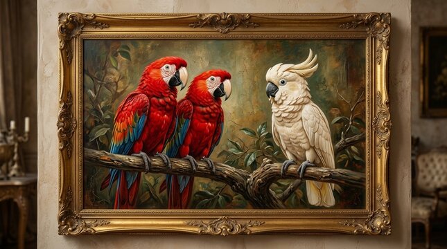 Exotic Parrots Portrait Painting: Red Macaws & White Cockatoo