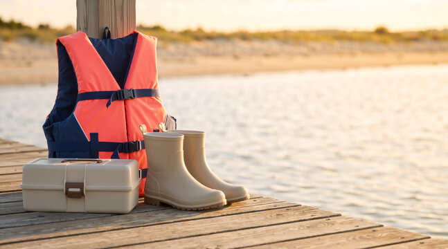 Fishing and boating gear on a wooden dock at sunset. Orange life jacket with rubber boots and tackle box by the water. Outdoor recreation concept