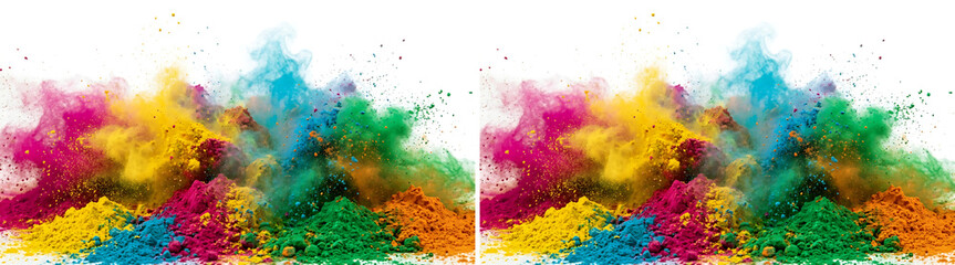 Obraz premium Vibrant holi powder explosion on white background, colorful dust clouds for festival celebration, rainbow pigment splash banner