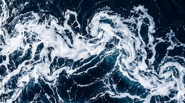 Dynamic top-down view of dark blue ocean water churning with white foamy waves, creating captivating abstract patterns and a sense of powerful movement across the surface